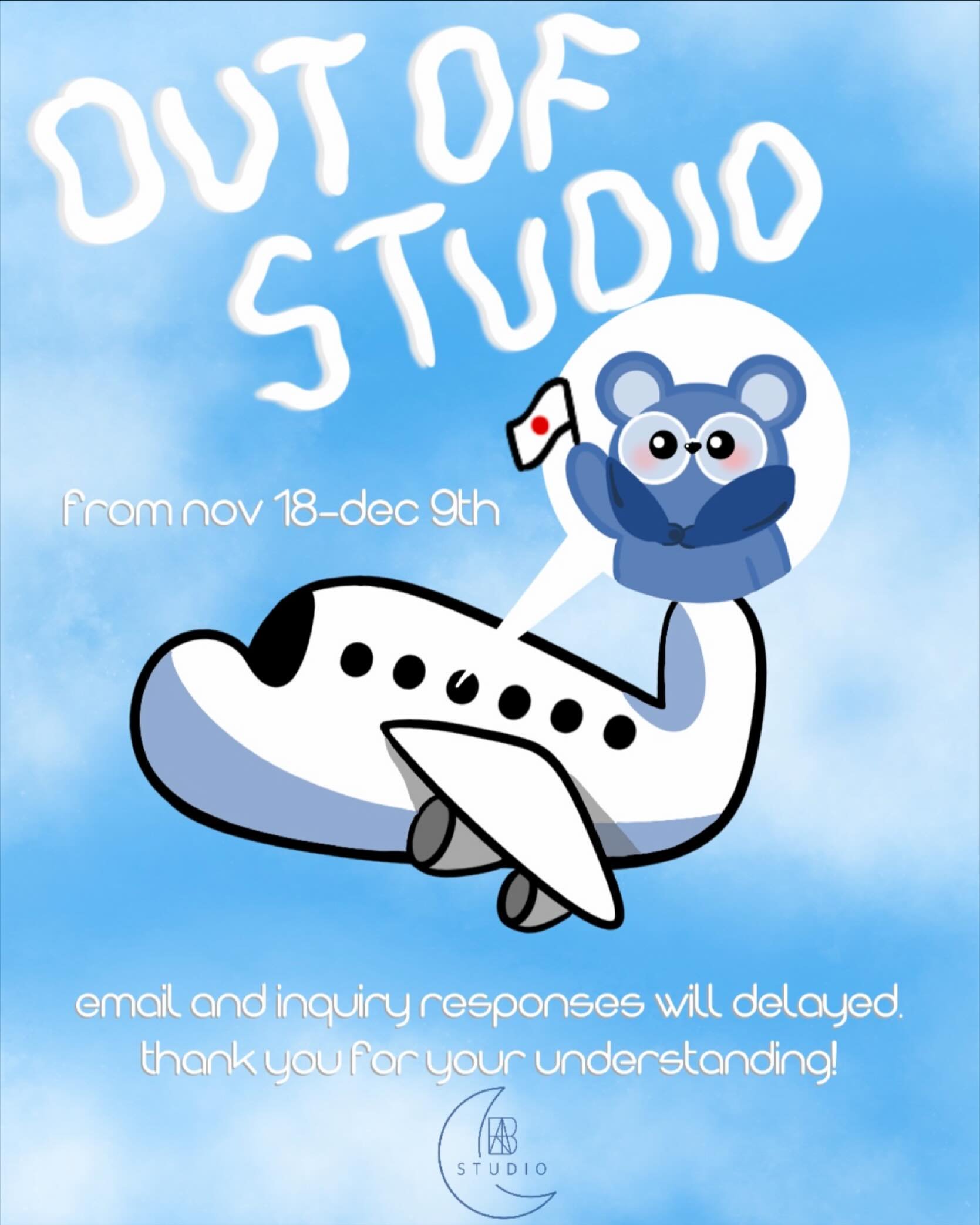 ✨OUT OF STUDIO NOV 18-DEC 9TH ✨

Just a friendly reminder that I will be traveling in a couple of days and will not be able to respond as quickly as I usually do! This will be my very first time in Japan so I&rsquo;m very excited to take this little 