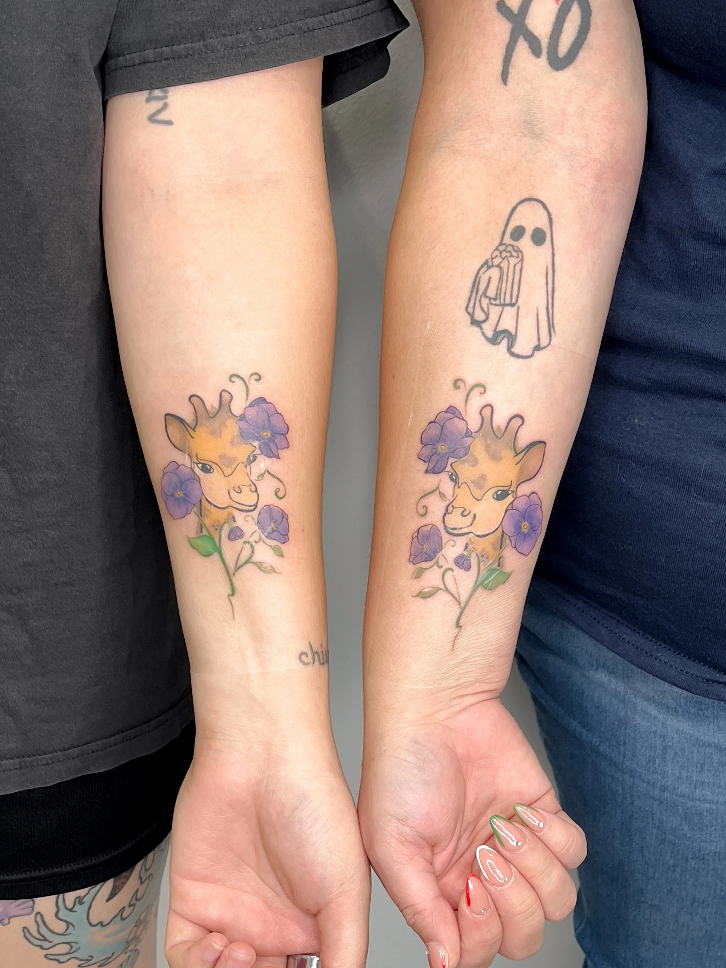 matching friendship tattoos - watercolor giraffe + violets