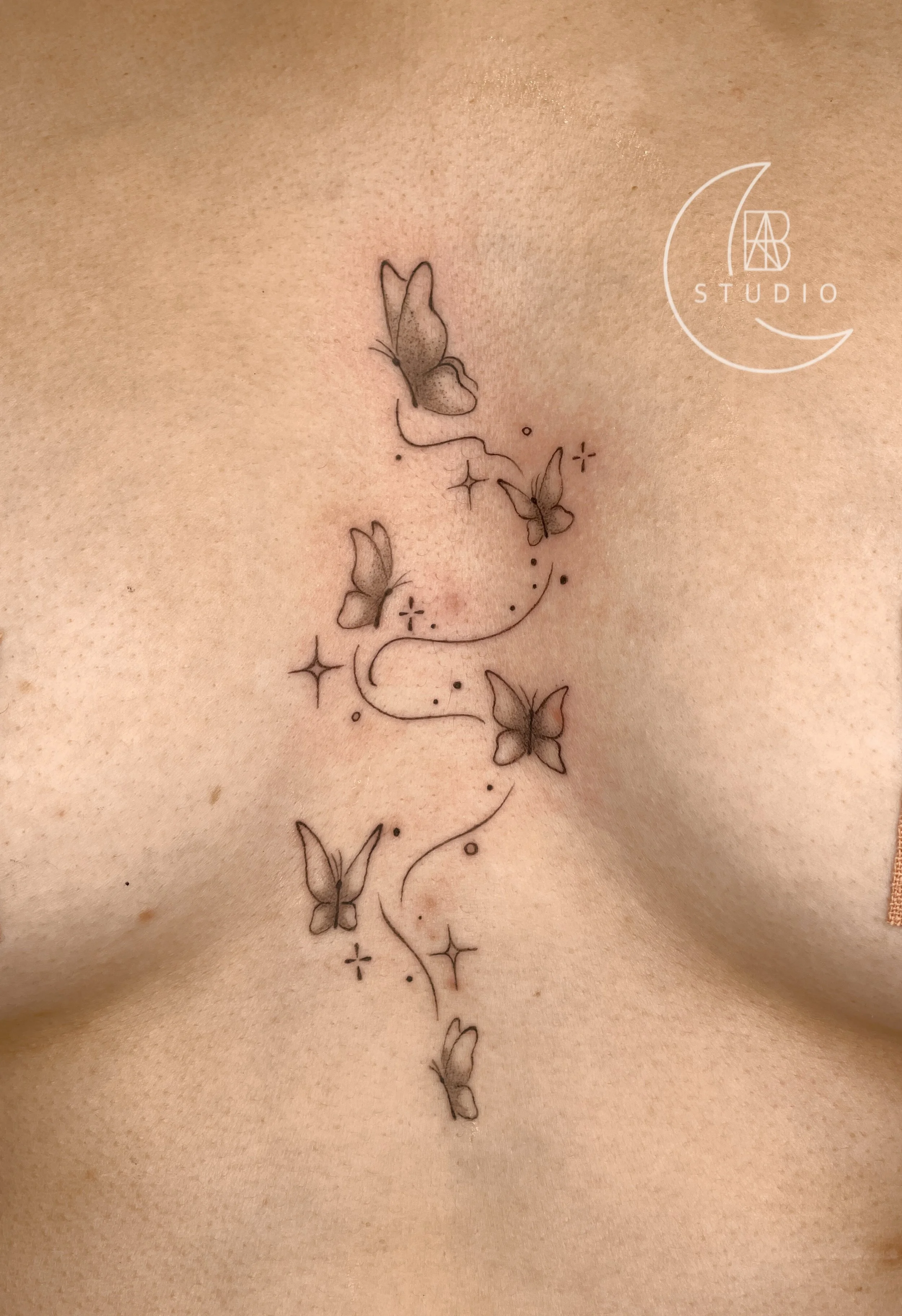 fineline butterflies flying up client's sternum. Based on client's favorite manhua/donghua.