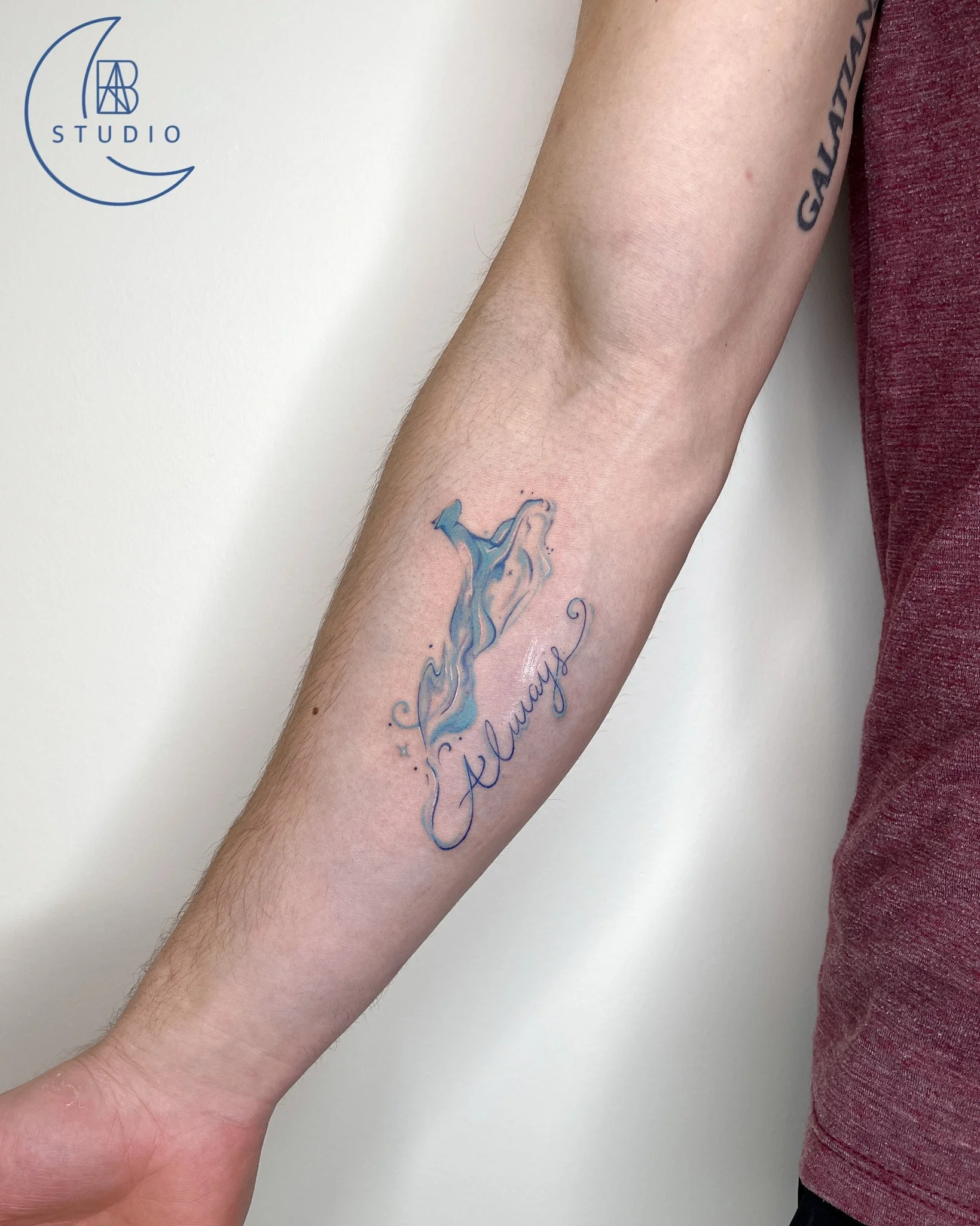 watercolor tattoo of Harry Potter patronus, Severus Snape's doe patronus with cursive text "always"