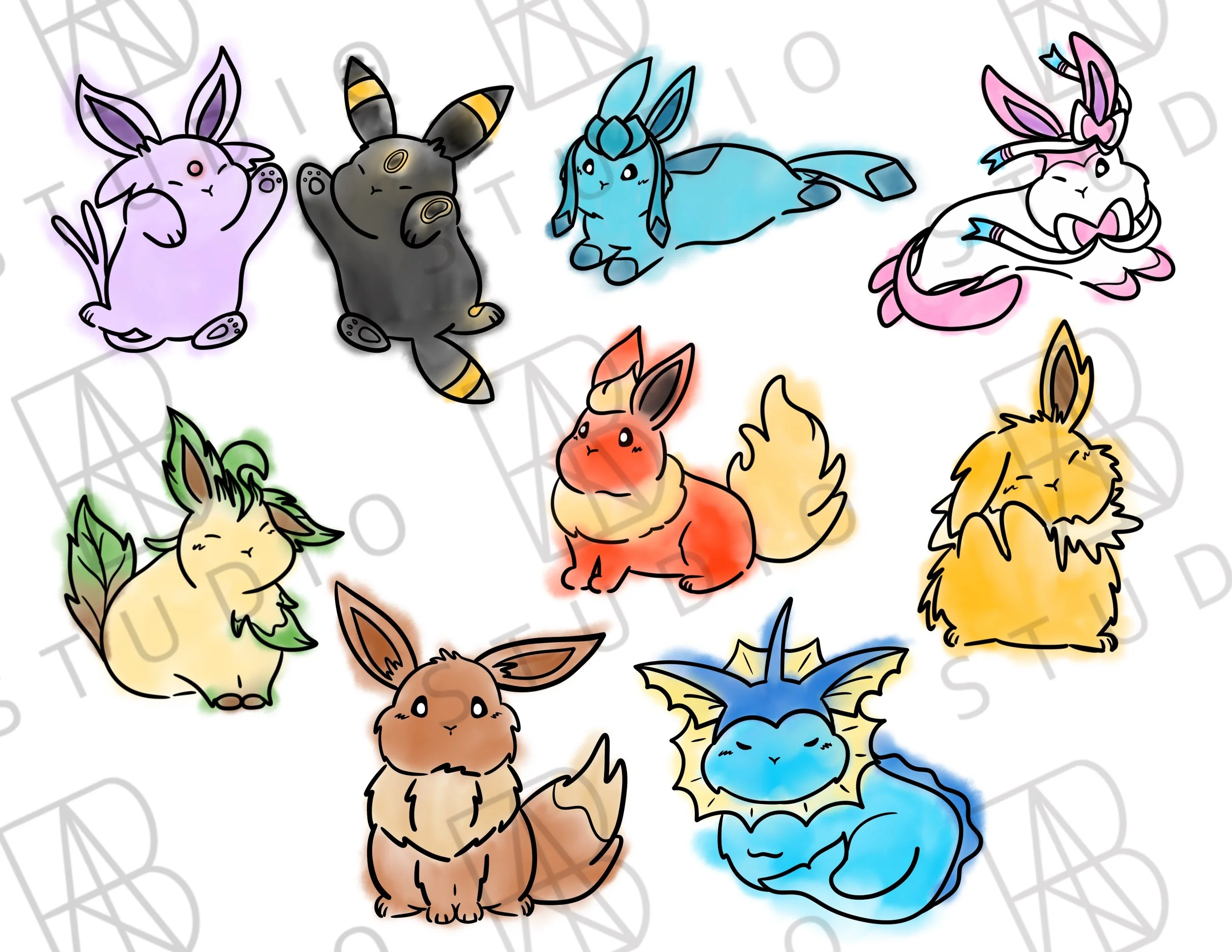 watercolor eebee buns flash designs