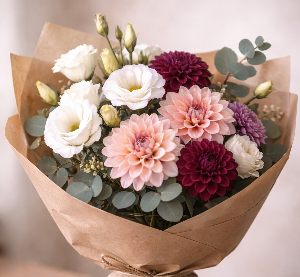 Delicate bouquet with dahlias and eucalyptus.png