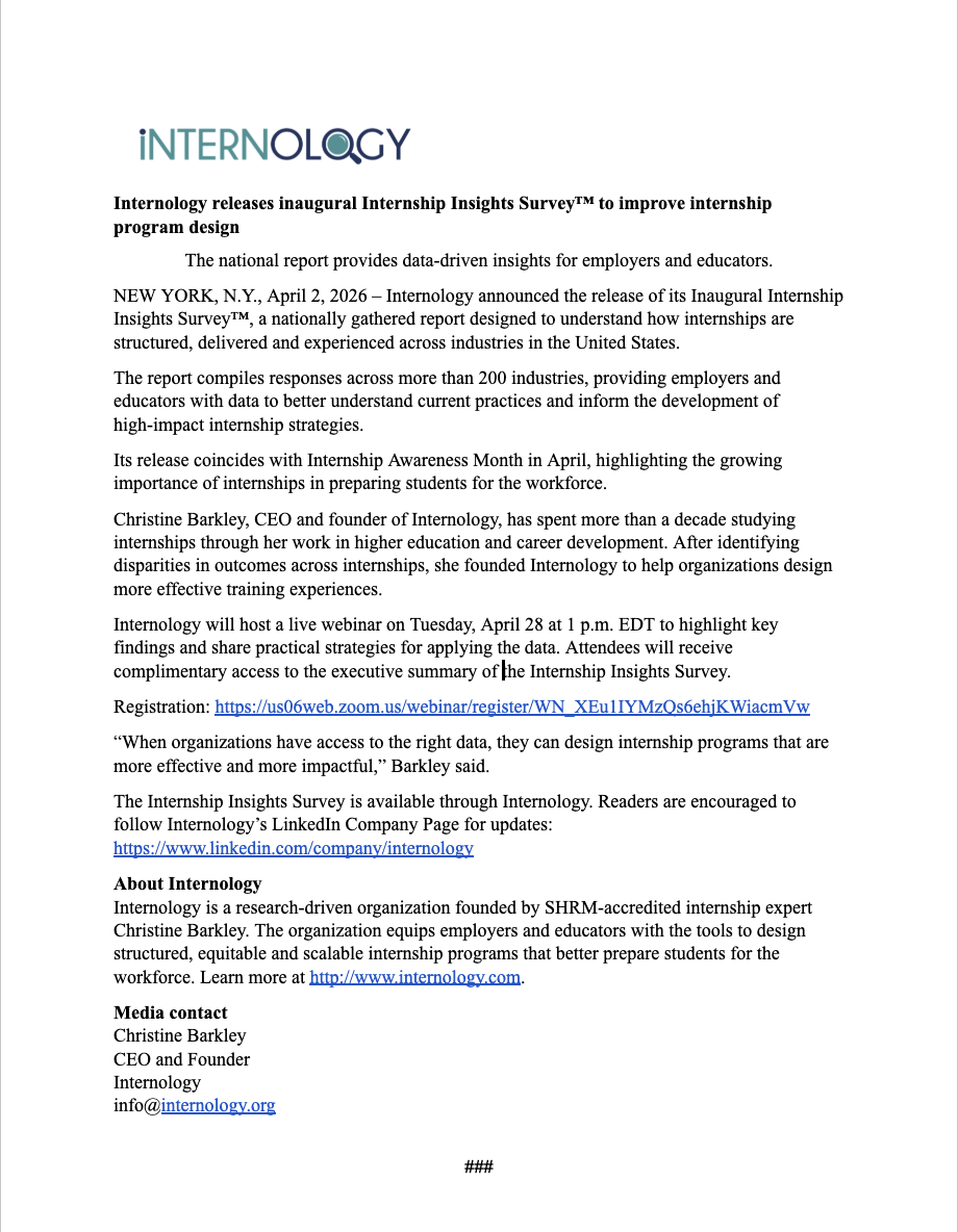 Press Release for inaugural release of the Internship Insights Survey™