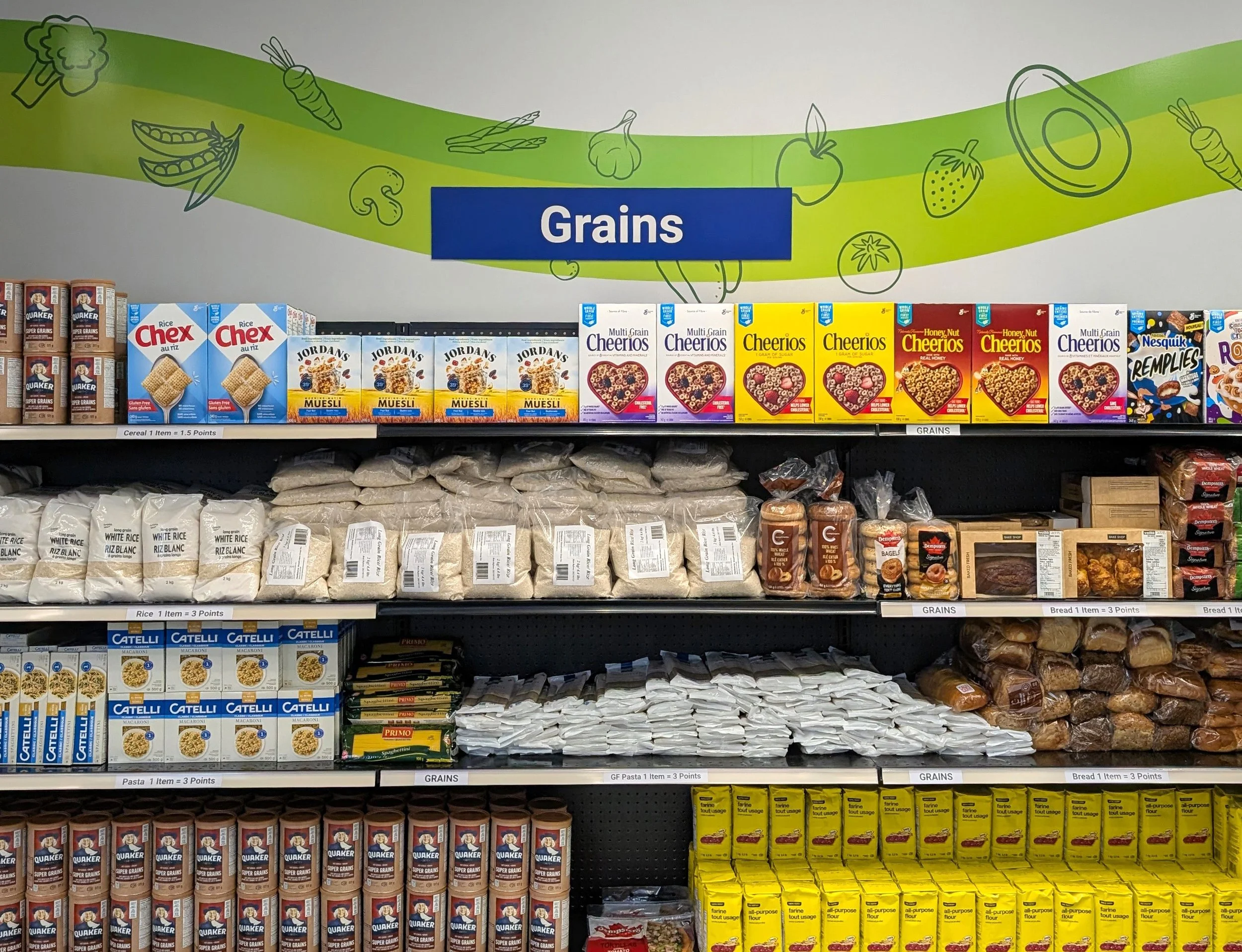 Shelf of various grains, cereals, and pasta products in the Calgary Food Bank Neoma location.