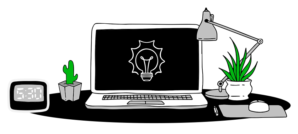 Desk with a digital clock, a small cactus in a pot, a laptop with a lightbulb icon on the screen, a desk lamp, a plant in a pot, a mouse, and a pen.