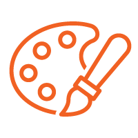 Icon of a painter's palette with paint spots and a paintbrush.