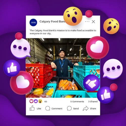 A man inside a food bank warehouse with crates filled with vegetables, surrounded by social media reaction icons.