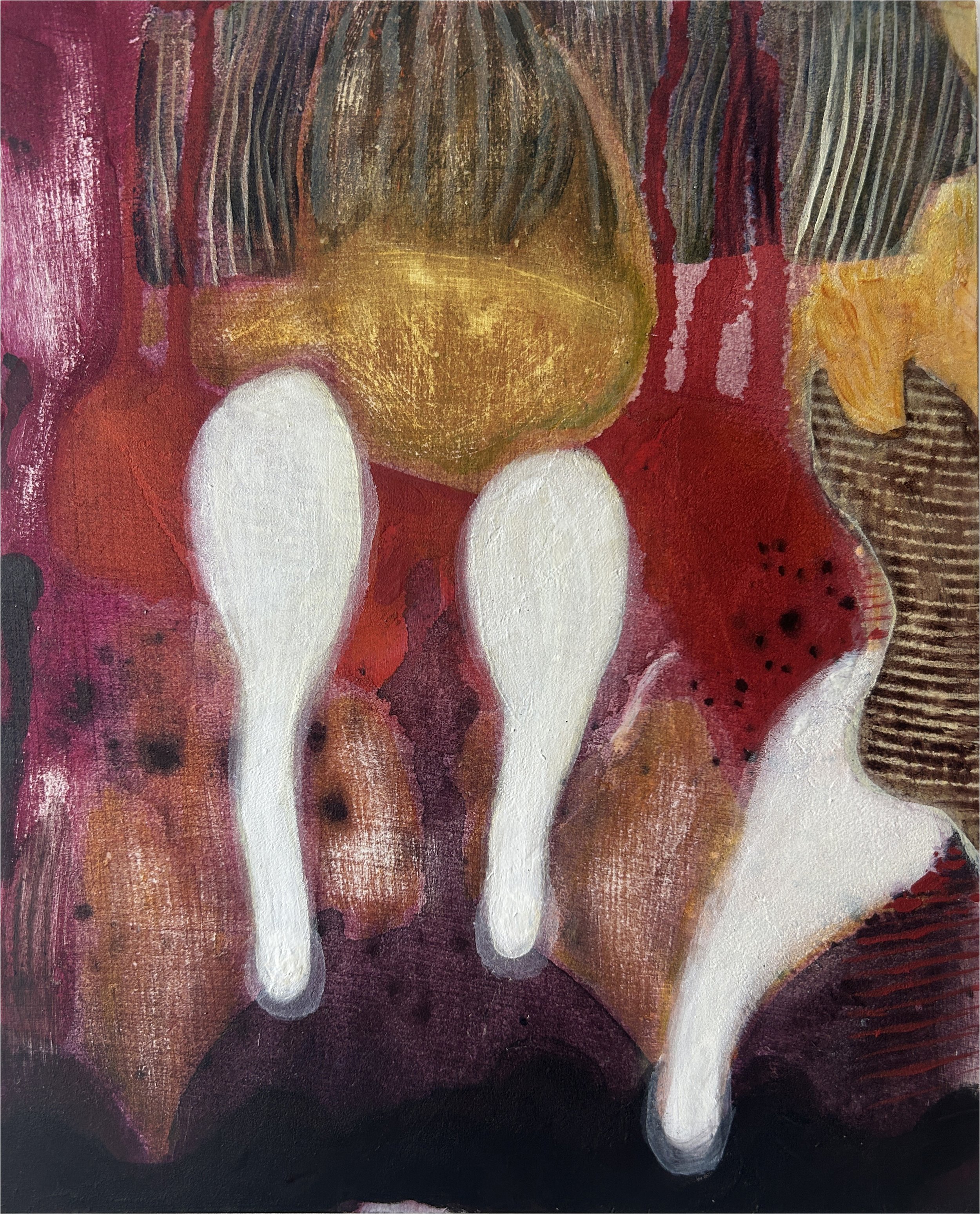 "Three Ghosts and Jelly Fish", 10" x 8", acrylic and molding paste on cradled panel