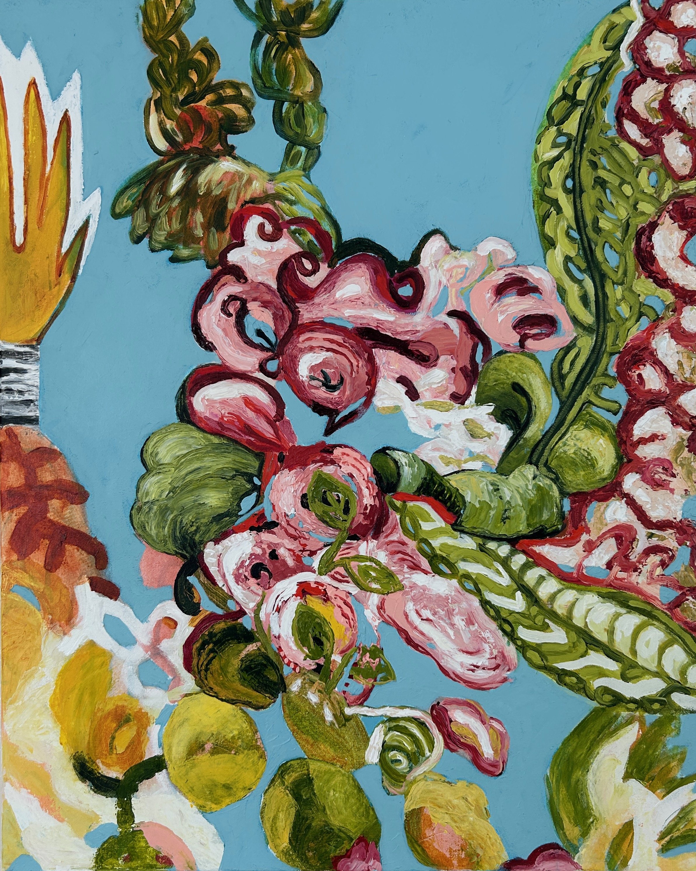 Flowers and Fire, 28" x 22", acrylic, molding paste and pumice on canvas