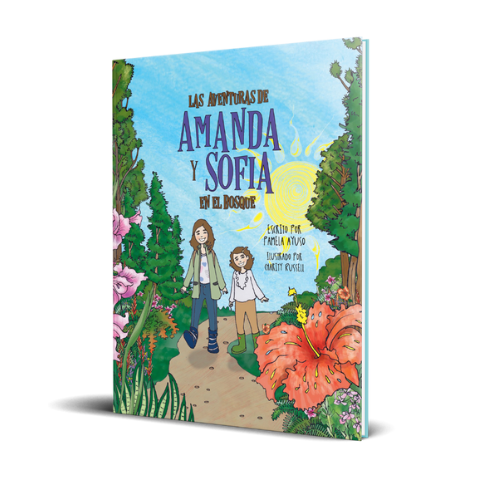 Cobertura colorida de un libro titulado 'Las aventuras de Amanda y Sofía en el bosque' con ilustraciones de dos niñas caminando por un camino rodeadas de árboles y plantas tropicales.