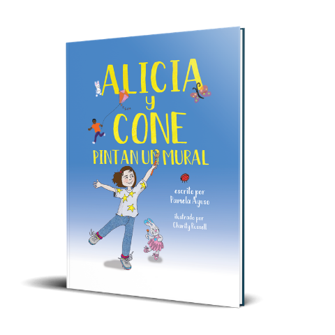 Libro infantil con título "Alicia y Cone pintan un mural" en portada, con ilustraciones de una niña y un conejo, en fondo azul