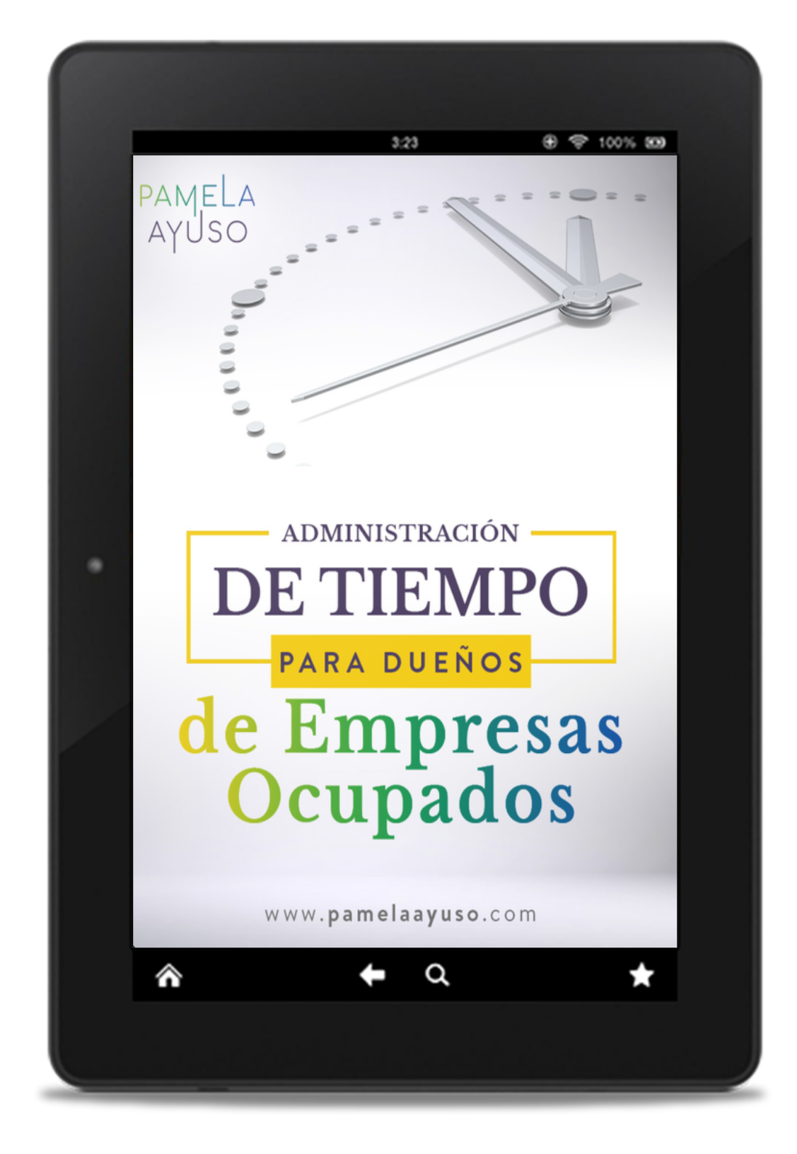 E-book o la pantalla de un dispositivo móvil con un libro titulado "Administración del Tiempo para Dueños de Empresas Ocupados" y un reloj en la parte superior.