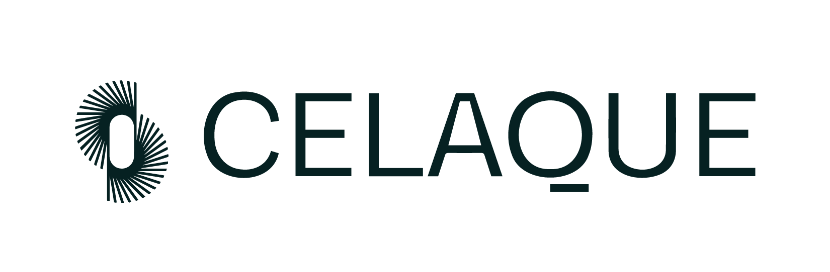 Logotipo de CELAQUE, con un diseño circular de líneas y textos en español.