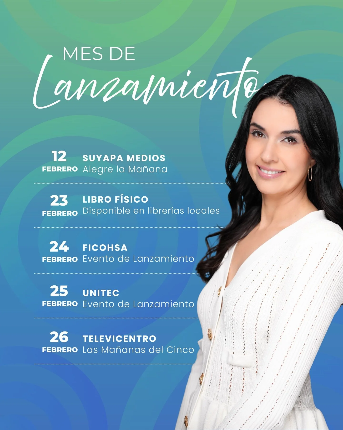 📣 Agenda del Mes de Lanzamiento
Este mes estar&eacute; en diferentes espacios compartiendo este lanzamiento con ustedes.

🗓️ Aqu&iacute; les dejo las fechas y lugares
Espero puedan acompa&ntilde;arme✨