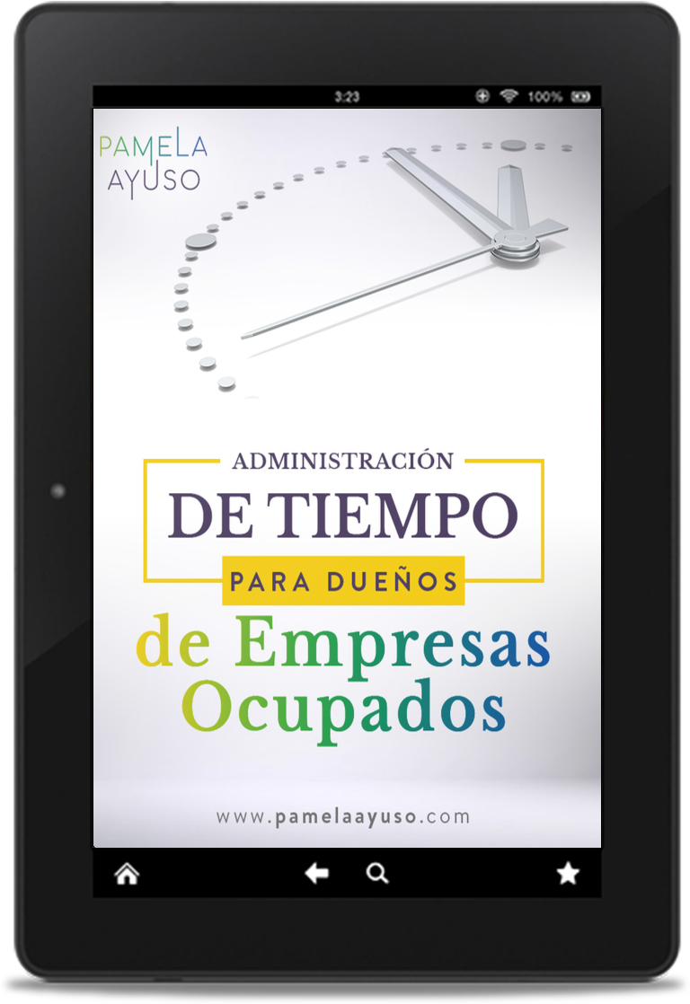 Portátil con una página que promociona un libro sobre gestión del tiempo para dueños de empresas ocupadas, con un diseño de reloj y texto en diferentes colores y tamaños.