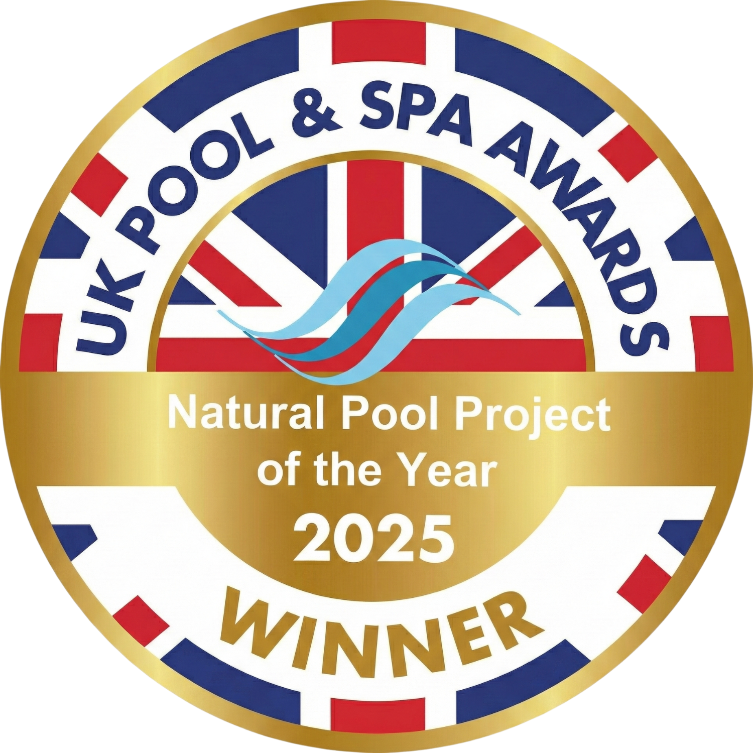 A badge for UK Pool & Spa Awards 2025, indicating the winner of the Natural Pool Project of the Year.