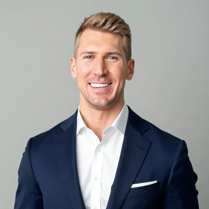 A smiling man in a navy suit and white dress shirt against a light gray background.