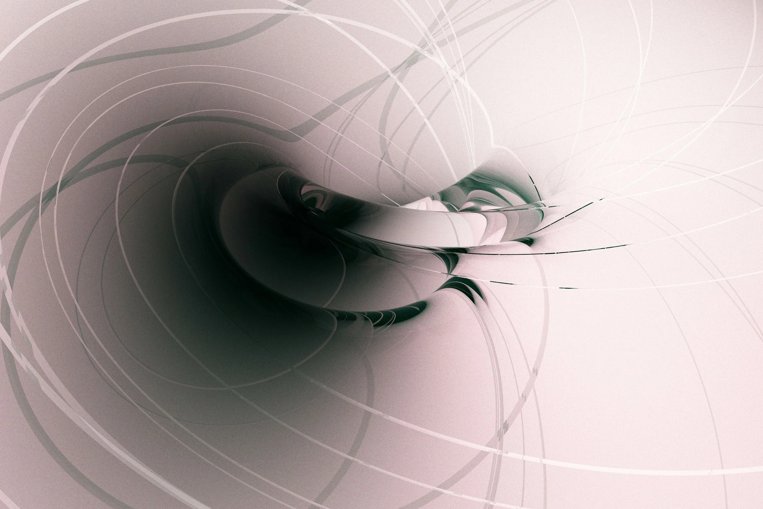 Abstract digital artwork with swirling patterns in shades of gray, pink, and white, creating a tunnel-like visual effect.
