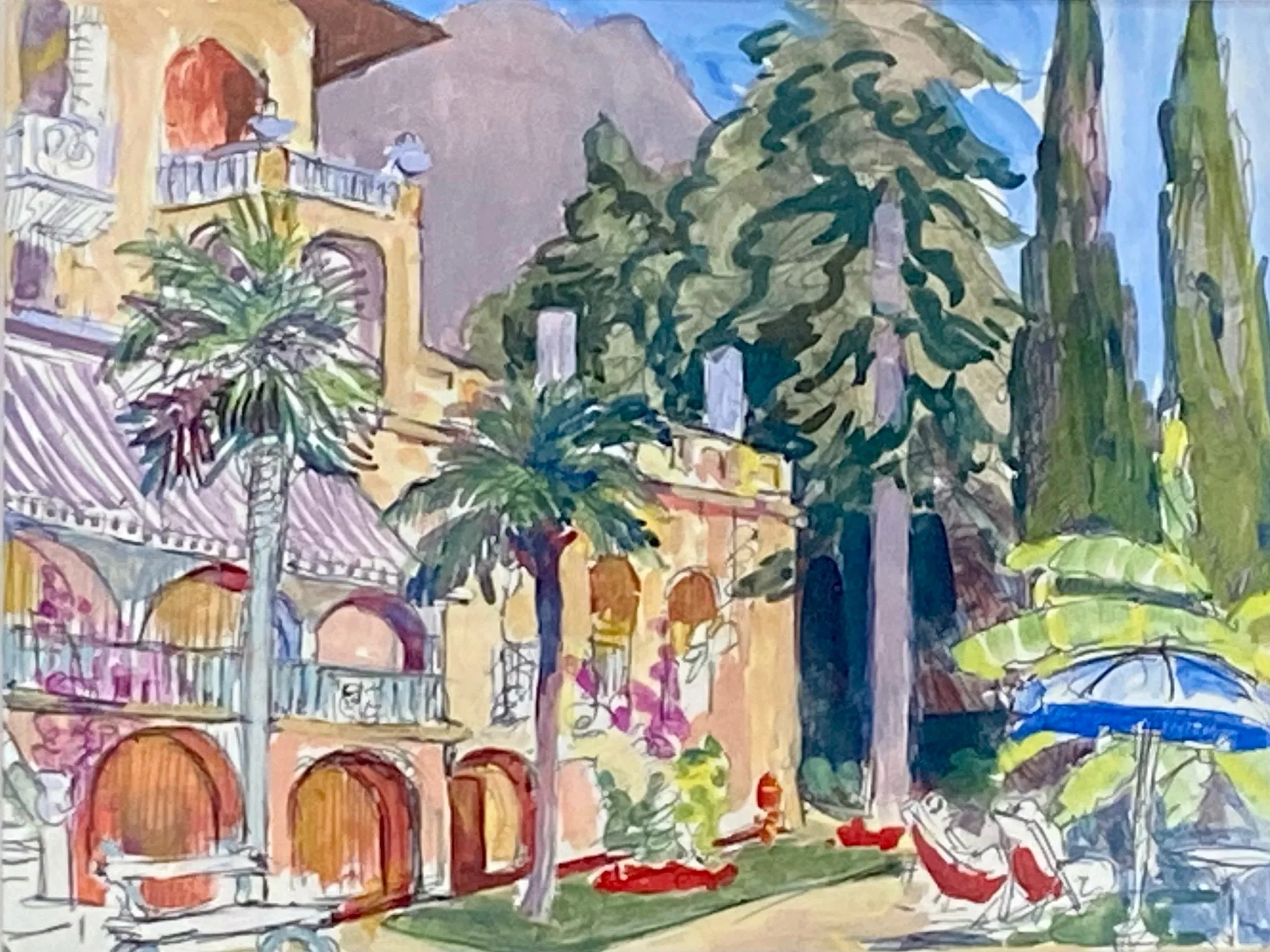 A colorful painting of a Mediterranean-style building with balconies, surrounded by tall palm trees and greenery. There are outdoor chairs and umbrellas on a patio area.
