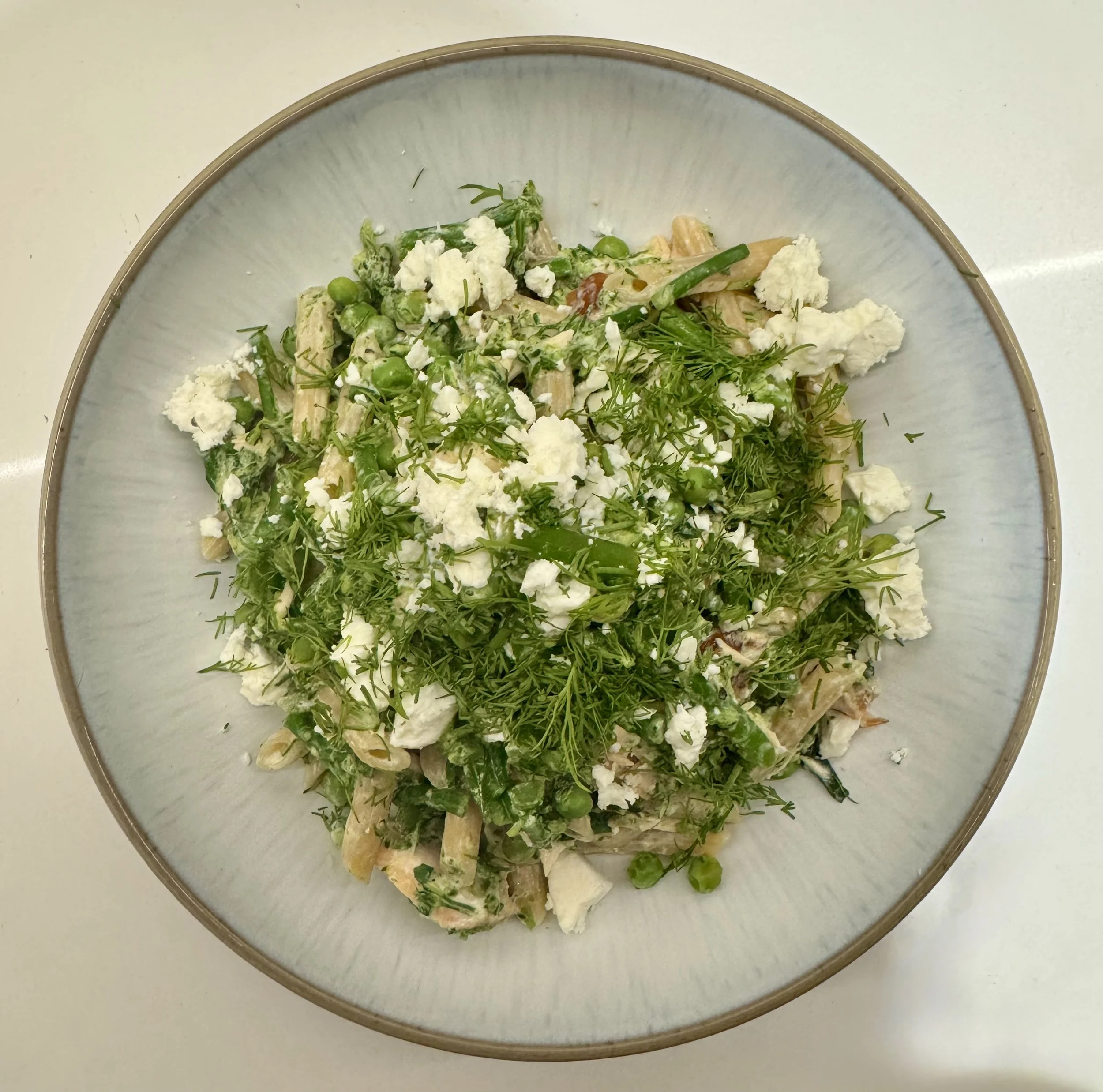 Hot smoked salmon pasta with creme fraiche, feta &amp; broccoli &amp; dill