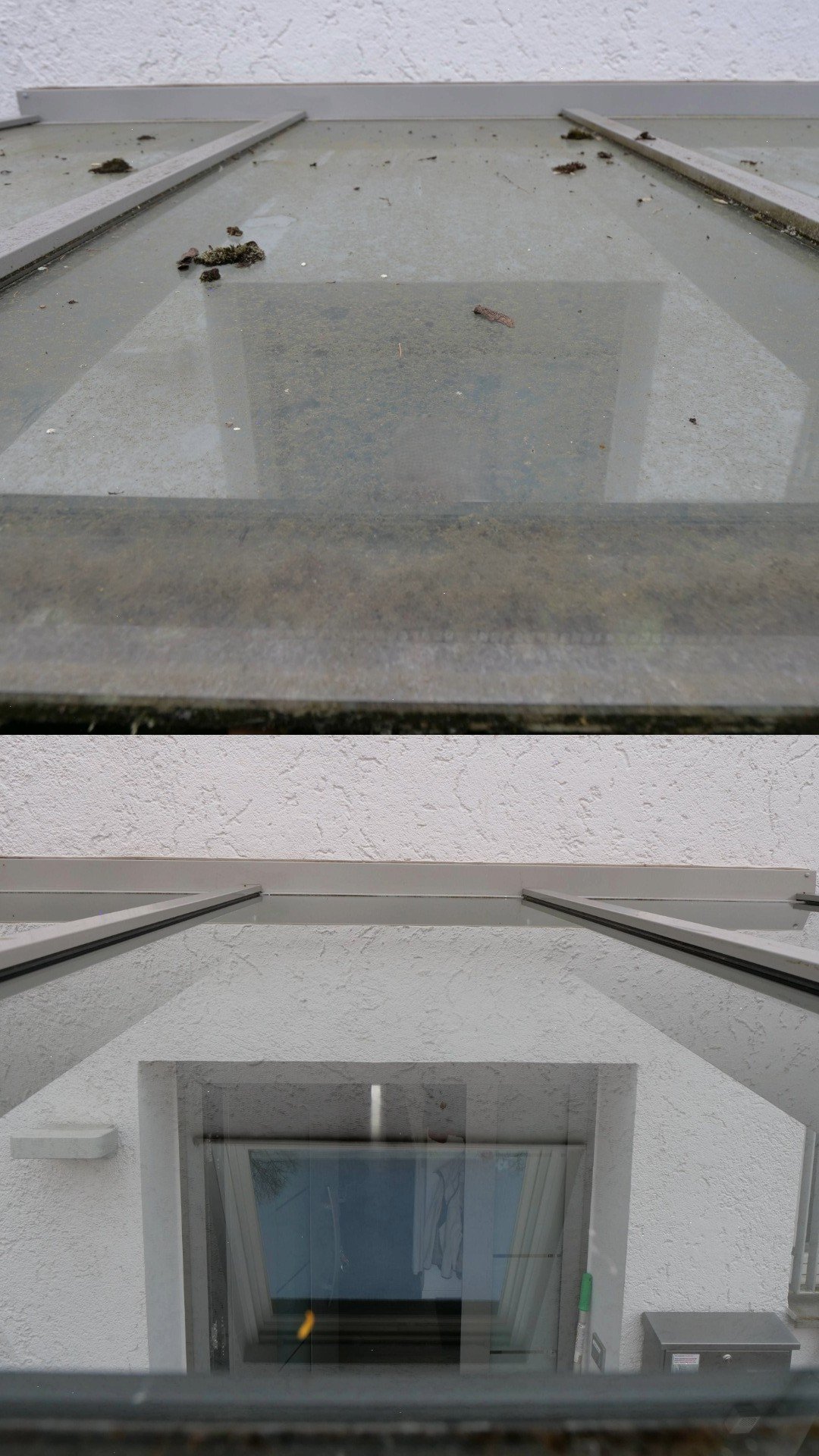 Auf der oberen Hälfte des Bildes ist eine verschmutzte Fensterbank mit Staub und Dreck. Auf der unteren Hälfte ist das Fenster komplett gereinigt dargestellt. Das Bild zeigt einen Vorher-Nacher Vergleich.