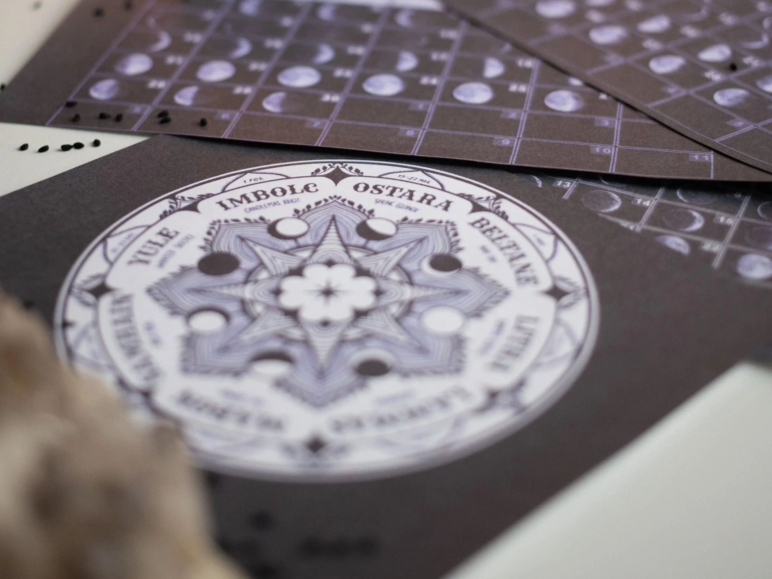 Photograph of a poster depicting the Wheel of the Year, most of it's out of focus.