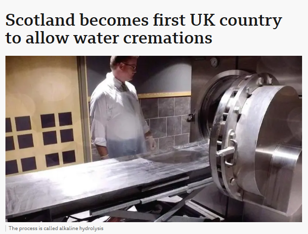 Scotland has become the first country in the UK where water cremations are now legal. The process - called alkaline hydrolysis - will offer families a third option instead of burial or traditional cremation.