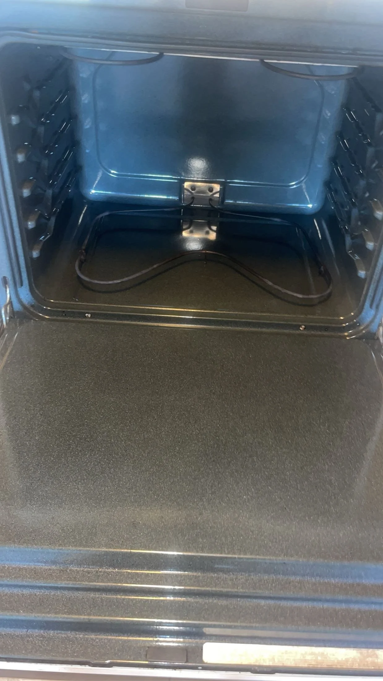 Empty stainless steel oven with heating elements on the sides and bottom, no food inside.