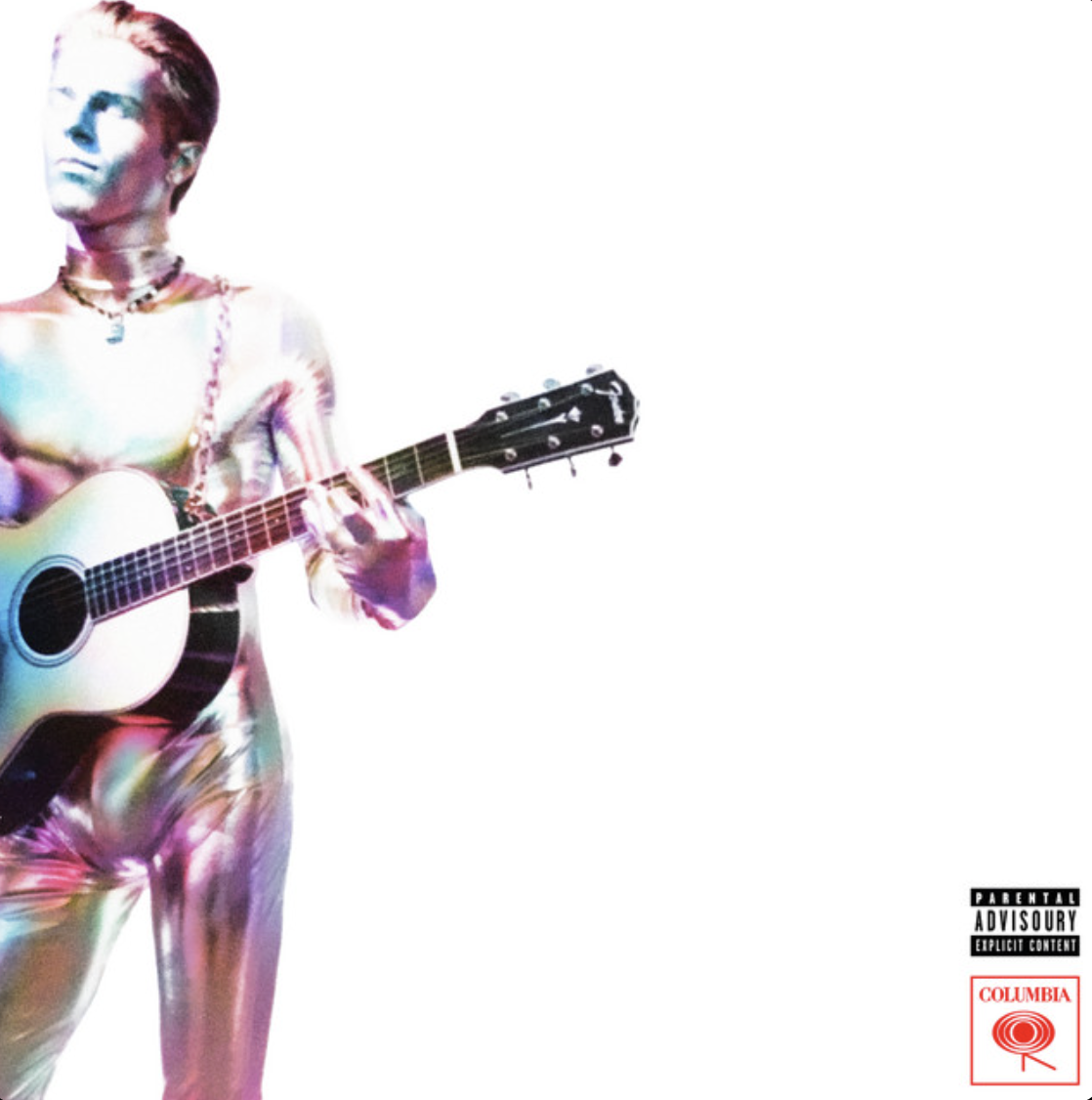 Woman with short hair playing an acoustic guitar, with a plain white background, parental advisory label, and Columbia records logo.