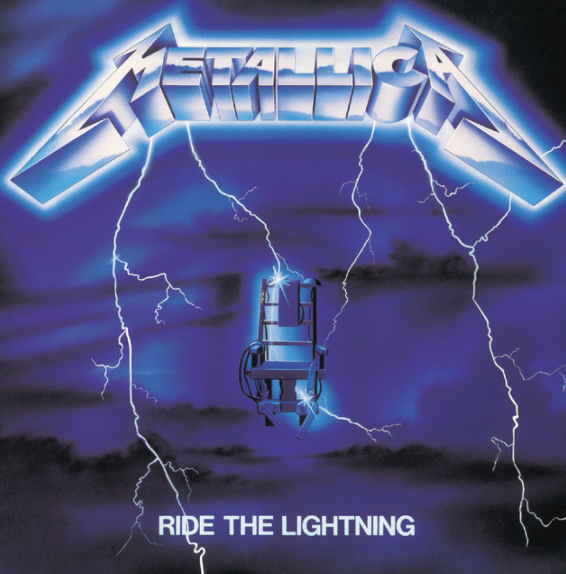 Album cover for Metallica's Ride the Lightning featuring a blue electric chair surrounded by lightning bolts and the band's stylized logo at the top.