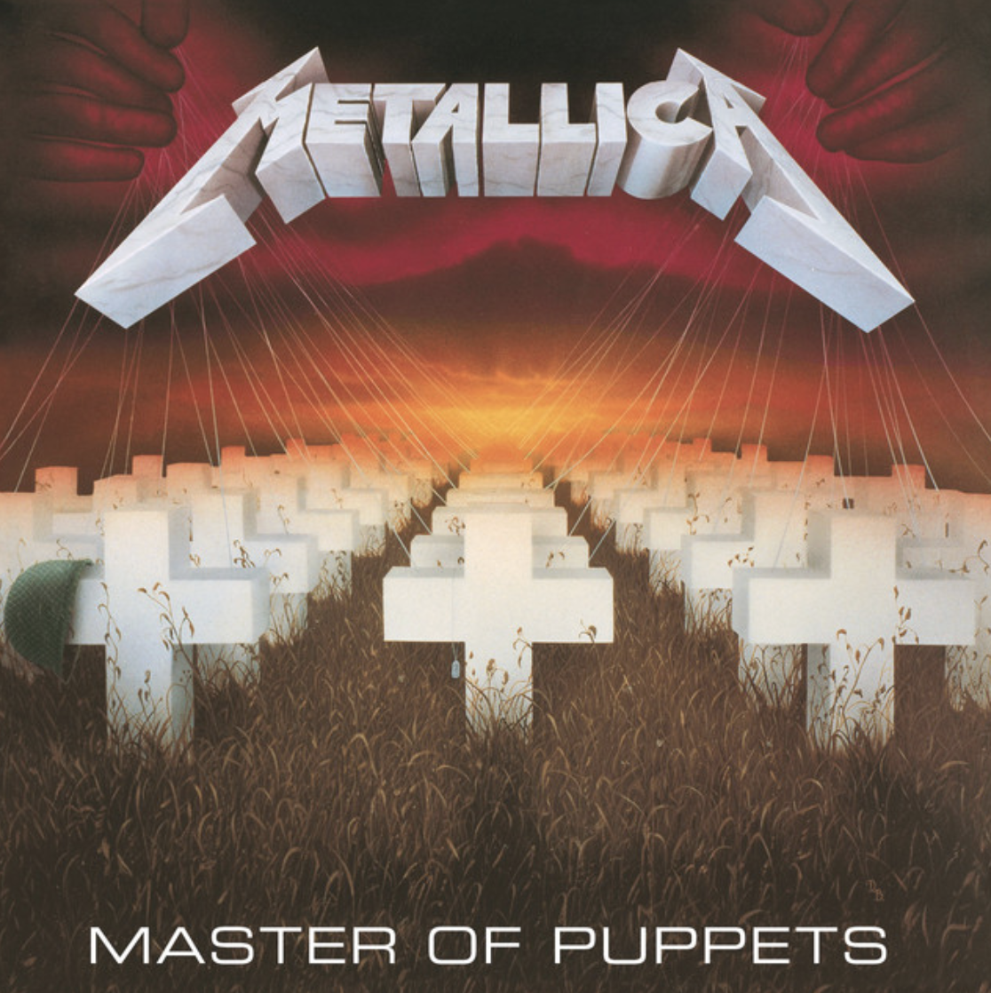 Album cover for Metallica's "Master of Puppets" featuring a sunset sky, puppet strings controlling white crosses in a field, with a cloudy sky and the band's name in 3D letters at the top.