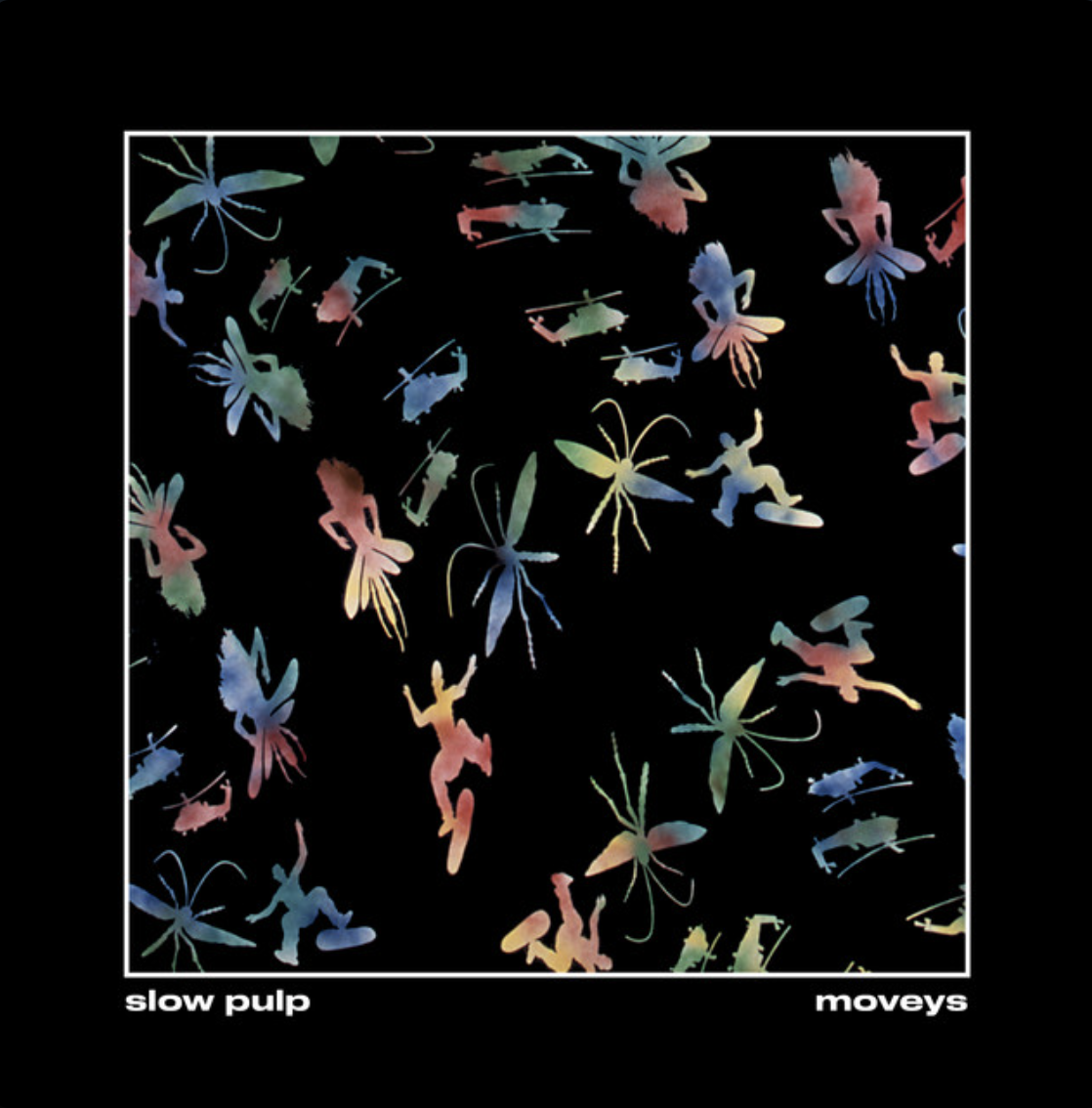 Colorful illustrations of insects and creatures with wings, arranged randomly on a black background with a white border. The bottom left corner has the text 'slow pulp,' and the bottom right corner has the text 'moveys.'