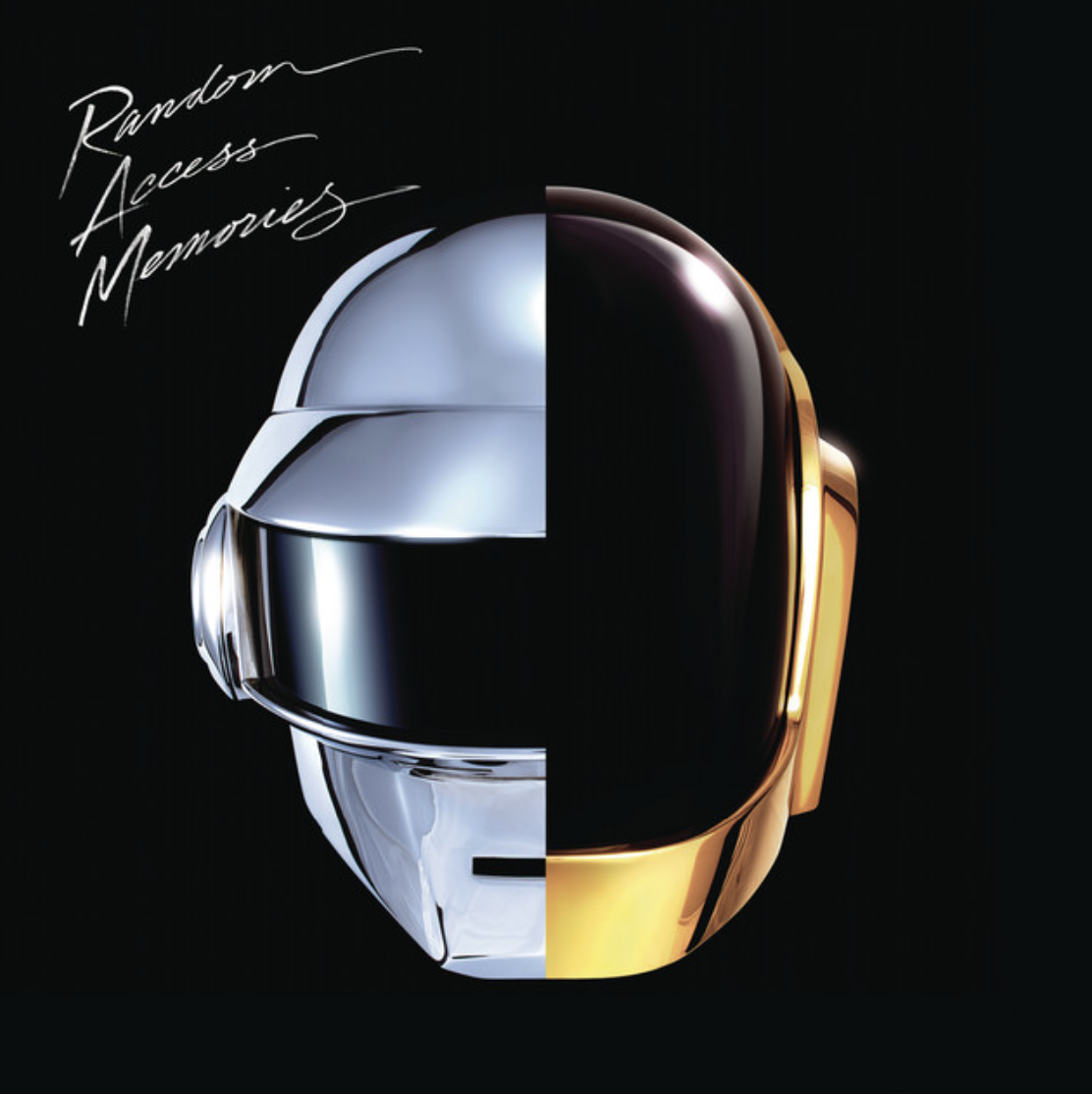 A digital art image of a helmet divided into two halves, with the left side in silver and the right side in gold, set against a black background. The words 'Random Access Memories' are written in cursive in the upper left corner.