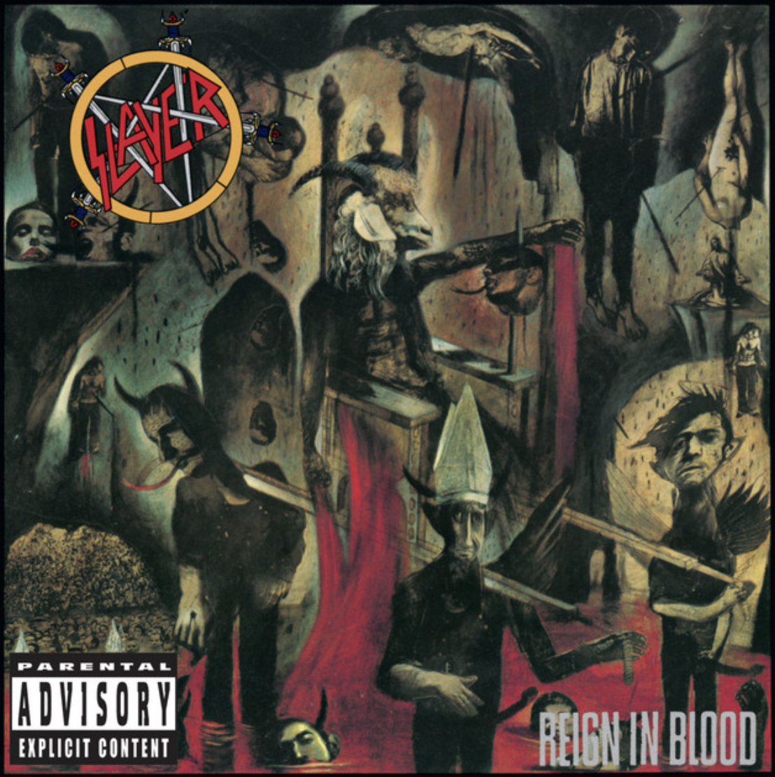 An album cover for Slayer's "Reign in Blood" featuring dark, gothic artwork with a horned figure, a bishop, and various surreal and demonic imagery. The Slayer logo appears in the top left corner.