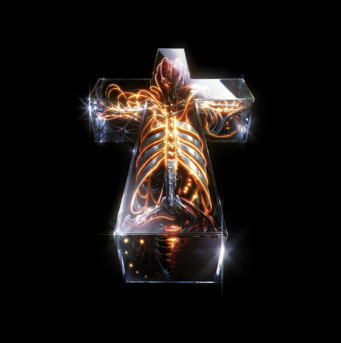 A glowing digital rendering of a human torso with visible rib cage, spine, and internal organs inside a crystal cross-shaped container, against a black background.