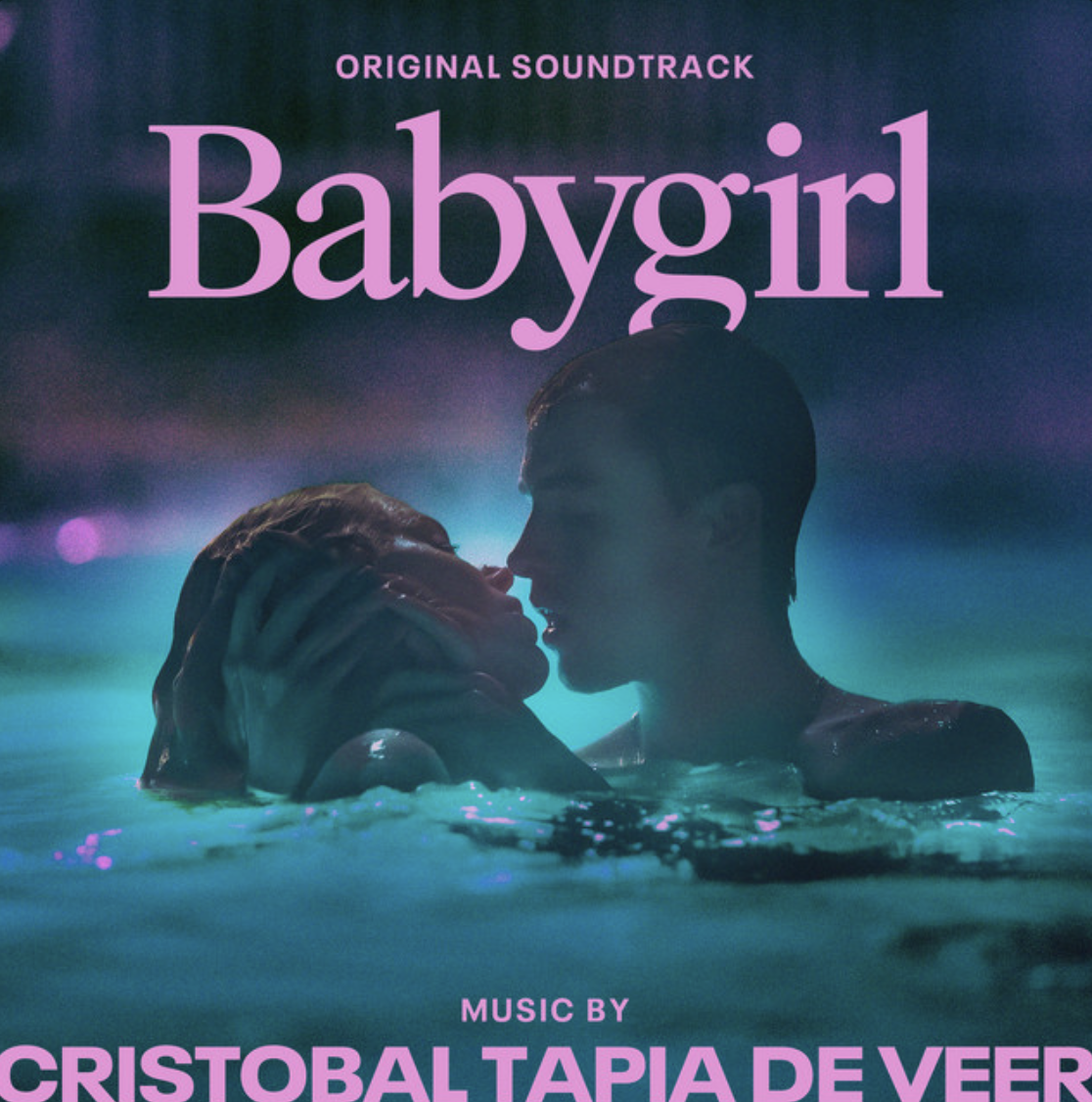 Movie poster for 'Babygirl' featuring two women in a close, intimate moment in a pool at night with neon lighting.