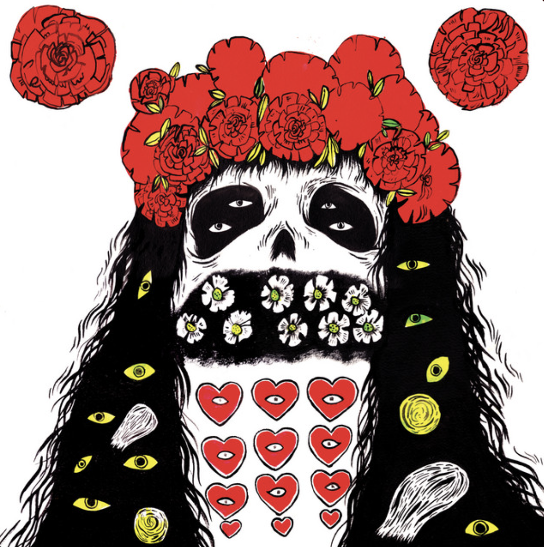 Illustration of a skull with a floral crown, black eye sockets, and a black band across its mouth with white flowers. The skull is decorated with red hearts and white flowers with yellow centers. The figure has long black hair with yellow and green eyes scattered throughout.