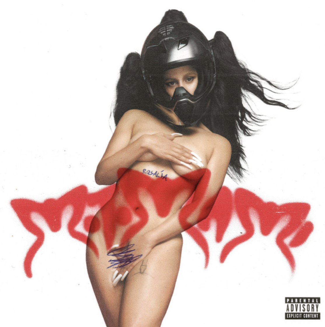 A woman with long black hair is wearing a black motorcycle helmet. She is topless, covering her chest with her right arm, and has a tattoo of the word "resilía" on her chest. There is red graffiti-style art behind her and a small tattoo near her left hand. The image has a Parental Advisory label in the bottom right corner.