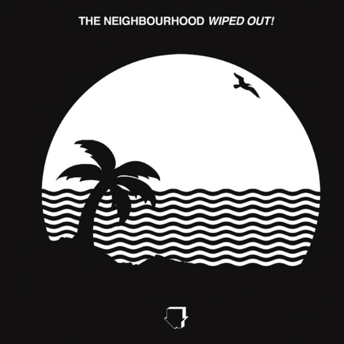 Silhouette of a tropical beach with a palm tree and ocean waves, with two birds flying in the sky, and the caption 'The neighborhood wiped out!'