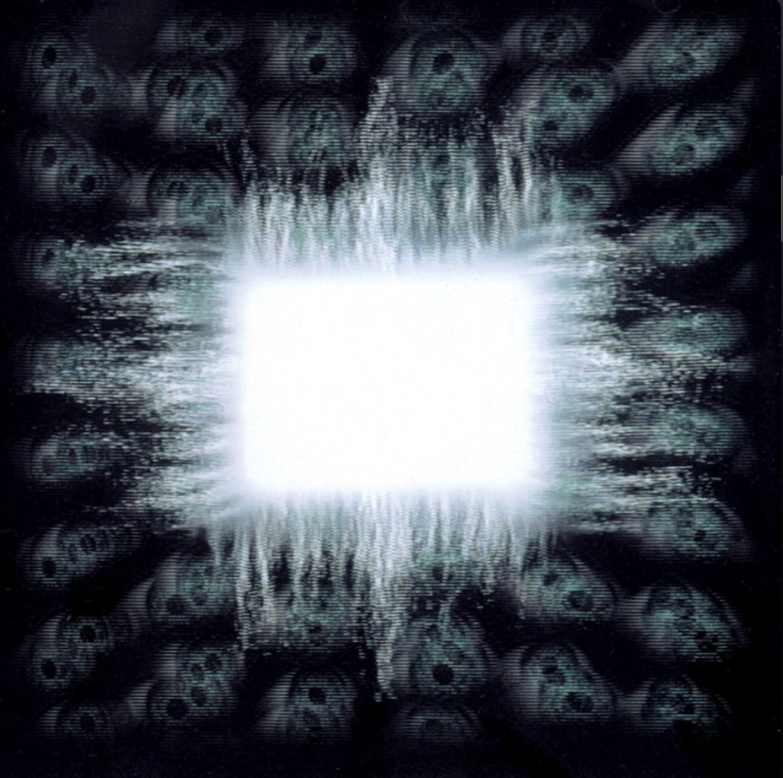 Digital art featuring a bright white square at the center with a glowing effect, surrounded by numerous eye-like patterns radiating outward.