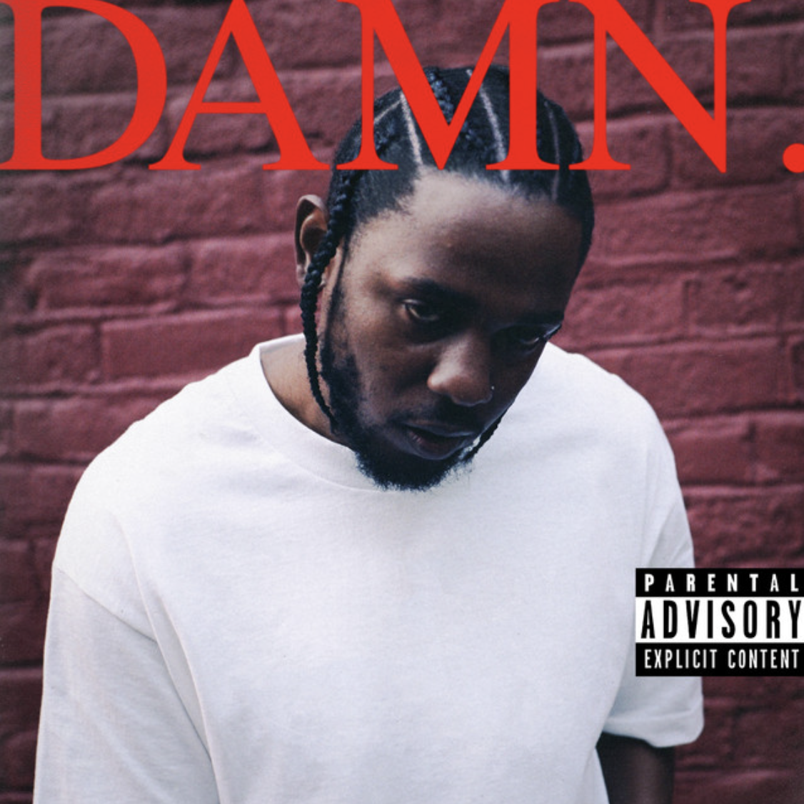A young man with braided hair and a nose piercing wearing a white t-shirt against a red brick wall, with the word 'DAMN.' in large red letters and a parental advisory label on the bottom right.