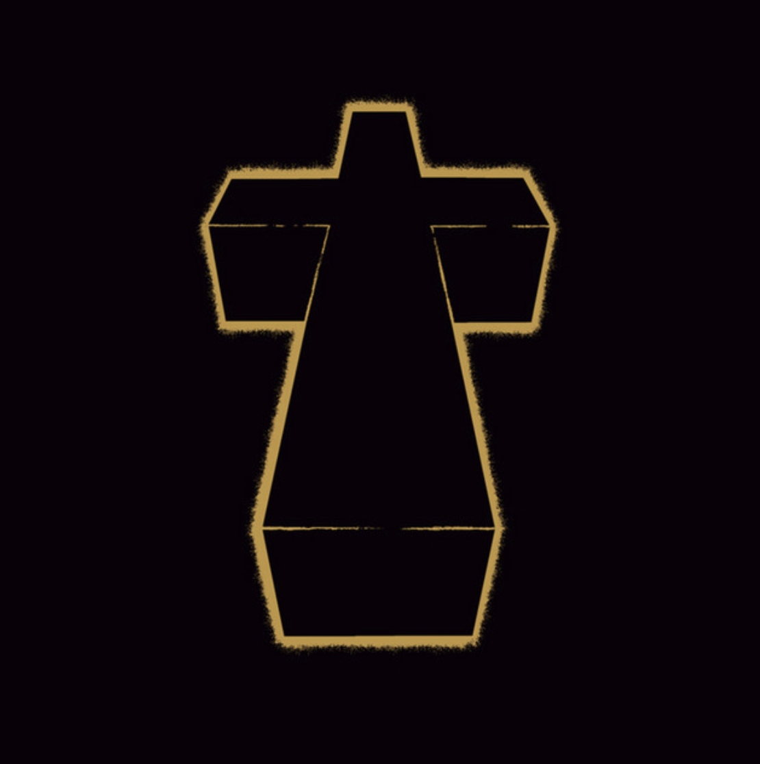Outline of a cross with geometric shapes in gold and black, set against a black background.