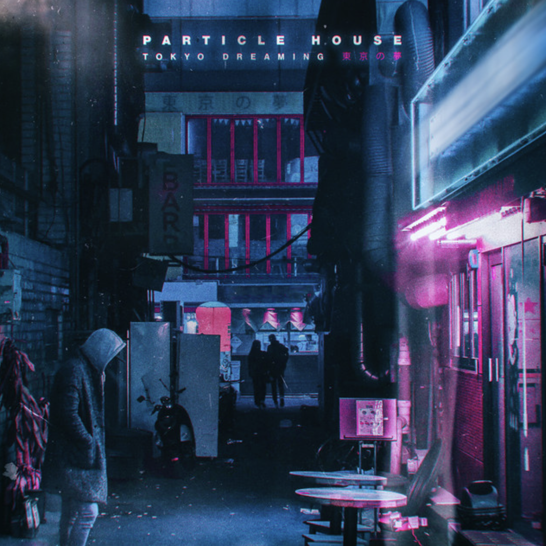 A neon-lit urban alleyway with people walking, a person with a hoodie in the foreground, and a sign for 'Particle House Tokyo Dreaming' at night.