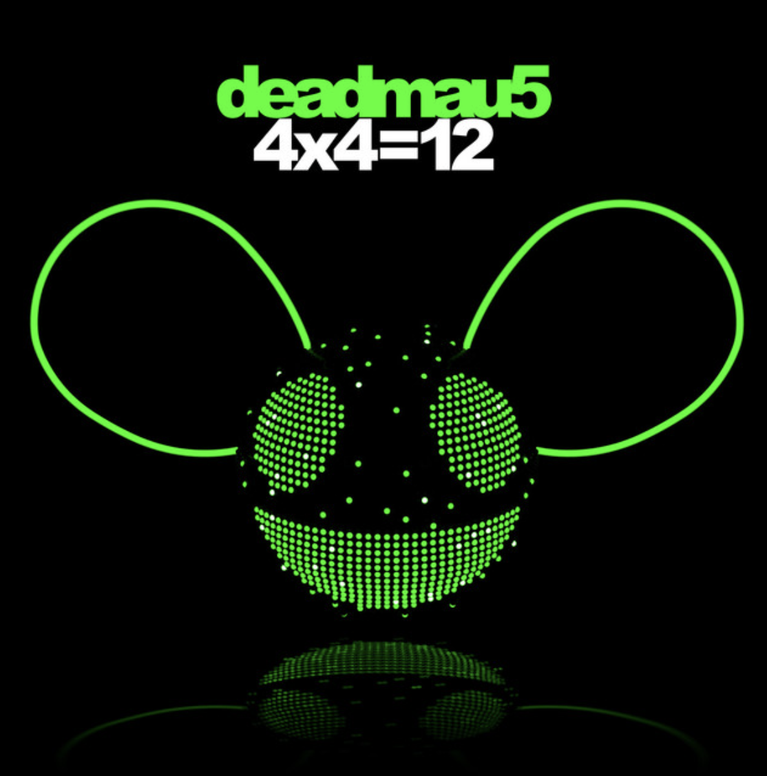 Digital art of a computer-generated green mouse head made of dots, with the text 'deadmau5' and '4x4=12' displayed above it on a black background.