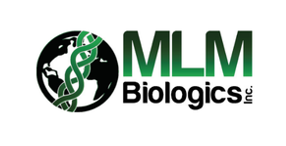 Logo of MLMBiologics Inc. featuring a globe, a DNA strand, and the company name.