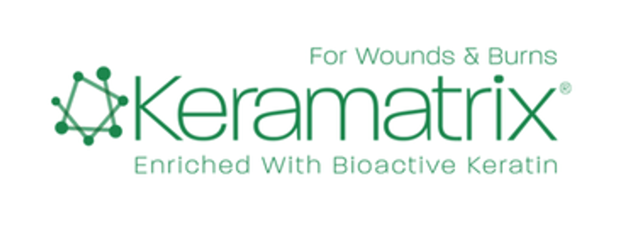 Product label for KeraMatrix, a treatment for wounds and burns enriched with bioactive keratin.