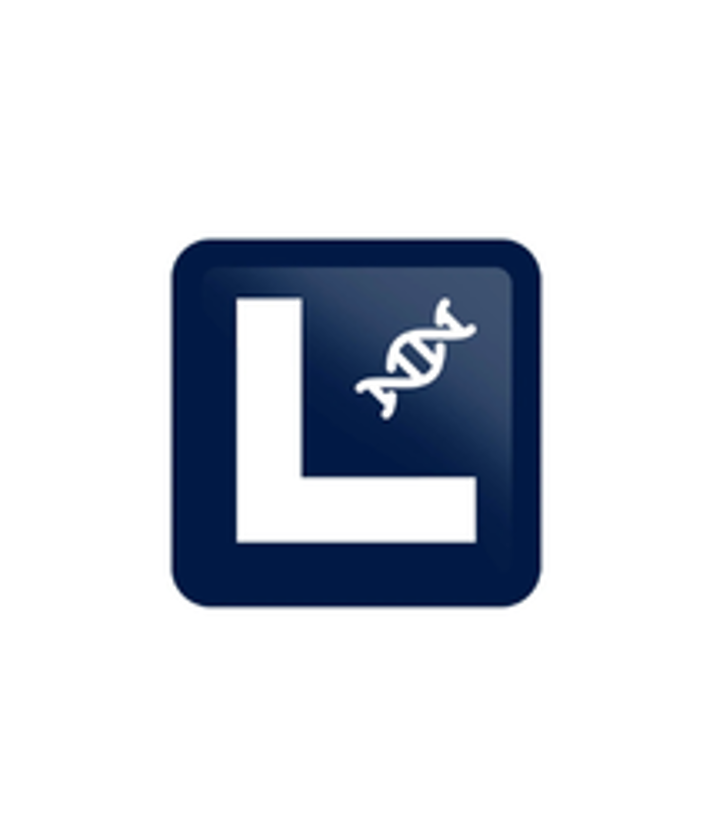 A logo with a large letter 'L' inside a dark blue square, and a white DNA double helix symbol overlaid on the upper right corner of the 'L'.