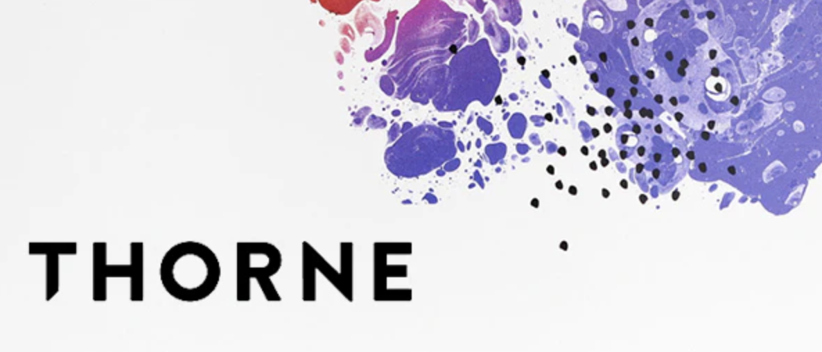 "Thorne" in black text with multi-colored smoke in top-right corner. Clinically-tested supplements that help people feel better and perform better.