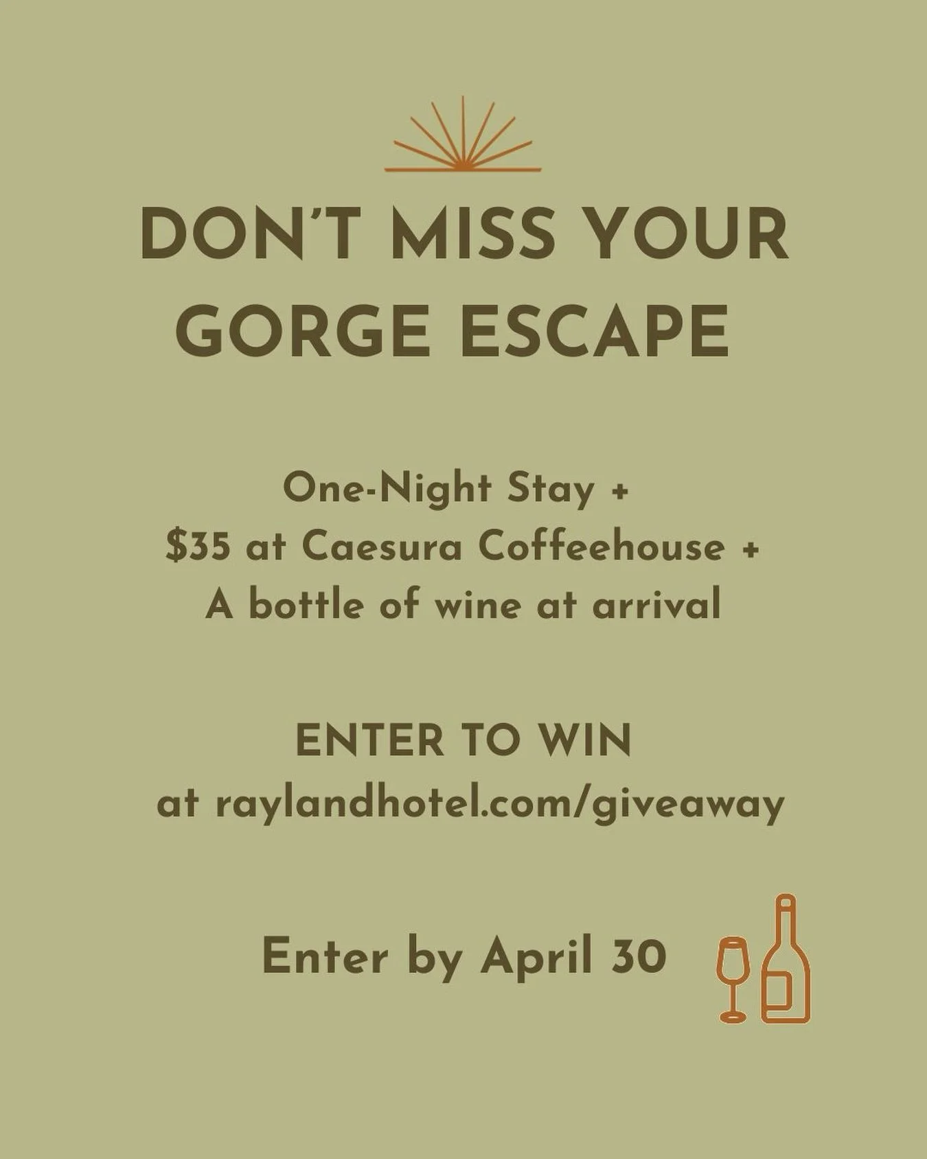 What would your Gorge escape look like? 🌄

Slow morning at Caesura, a hike, a glass of wine waiting when you get back&hellip;?

ENTER TO WIN!
&bull; One-night stay at Rayland
&bull; $35 at Caesura Coffeehouse
&bull; A bottle of wine on arrival

Ente