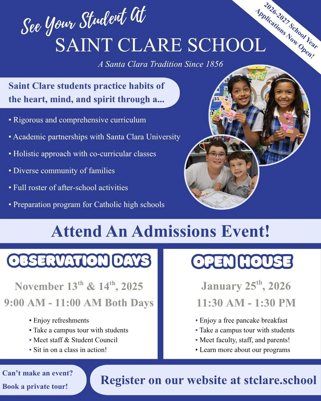 Looking for a school that perfectly balances faith, academics, and community? Start your child's journey at Saint Clare School today! 

Both of our upcoming admissions events give prospective families the chance to learn about our curriculum and prog